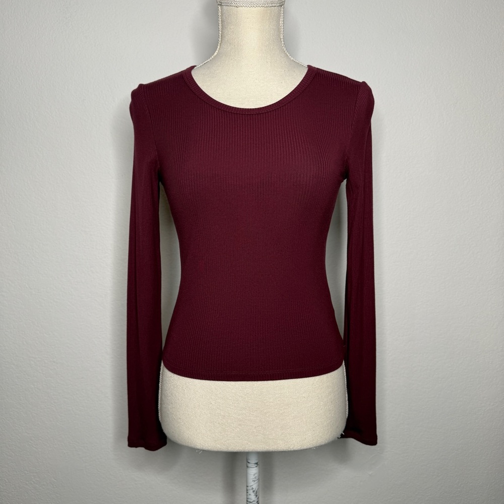 Wilfred Aritzia Ribbed Long Sleeve Top Burgundy Tencel Modal Stretch Size S